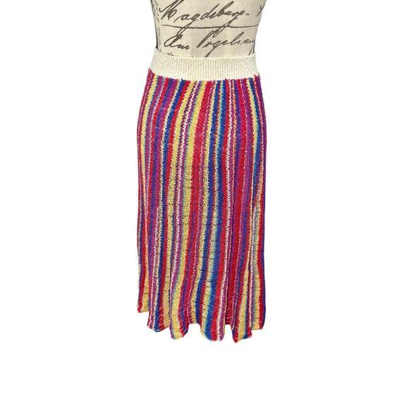 Vintage 80’s French Rags Hand Loomed Rayon Rainbow Striped Faux Wrap Midi Skirt - Picture 8 of 12